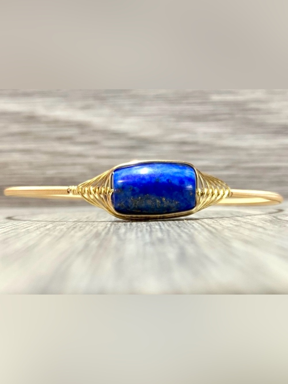 Modern Minimalist Gold Tone Wire Wrapped Blue Lapis Lazuli Cuff Bracelet